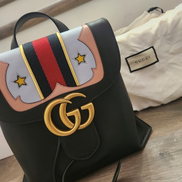 Gucci Calfskin Web GG Marmont Flap Chain Backpack Black - Picture 1 of 9